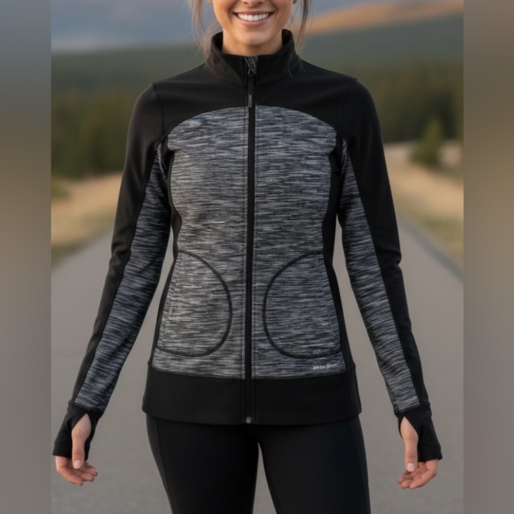 Eddie Bauer Motion Zip-Up Jacket Black/Grey, Thumbholes, Size Small